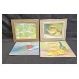 Group of vintage art on panels, two in frames,