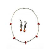 Sterling silver & pink coral earrings & necklace