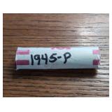 Roll of 1945 Lincoln Wheat Cent coins. In case