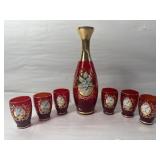 Set of crimson hand painted bohemian glass