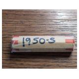 Roll of 1950-S Lincoln Wheat Cent coins. In case