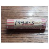 Roll of 1945-S Lincoln Wheat Cent coins. In case