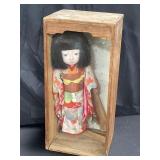 Geisha doll in wooden display box, case 8?w x