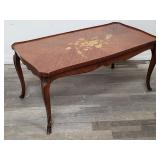 Vintage floral inlaid, carved wood coffee table
