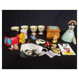 Box of Disney toys, belt, tea cups etc