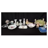Wedgewood trinket dish, Royo candle holders,
