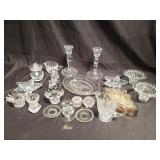 Group of glass and crystal items, trays, candle