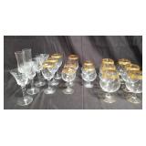 Group of gold tipped glasses, goblets, etc. Box