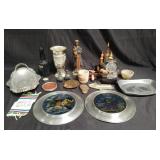 Box of miscellaneous, wood figure, glass bottle,