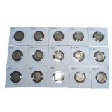 Fifteen vintage US Buffalo nickel coins in