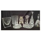 Box of glass & crystal items: bell, vase, etc.