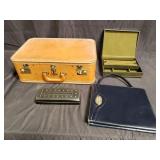 Group of vinatge briefcase, jewelry box, hand b