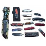 Collection of knives and pocket knives. In red