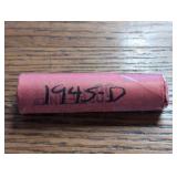 Roll of 1945-D Lincoln Wheat Cent coins. In case