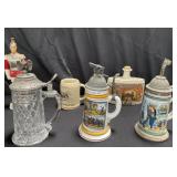 Group of beer steins, liquor bottles weight: 13