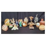 Ceramic lidded jar, piano trinket box, figurines,