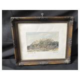 Signed watercolor on rag cloth in frame under