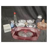 Group of glass and cut crystal items: ashtray,