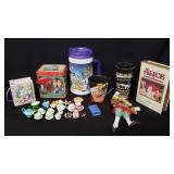 Box of miscellaneous; thermo mug, miniature tea