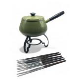 Mid century avocado green enameled fondue pot &