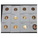 Proof US Lincoln Cent coins in holders.