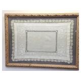 Framed hand stitched antique lace embroidered
