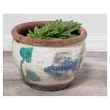 Succulant in handpainted fish & leaf pottery