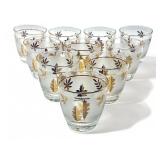 10pc Mid-Century Libbey gold leaf rocks glasses,