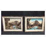 Pair of rustic tree bark & moss artworks. Each is