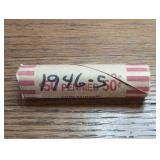 Roll of 1946-S Lincoln Wheat Cent coins. In case