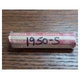 Roll of 1950-S Lincoln Wheat Cent coins. In case