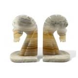 Vintage carved onyx horse head bookends, 8 1/2" h.