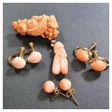 Coral Brooch,  Pendant, and 3 pair of earrings.