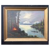 Framed oil on board painting of Sawtooth Mountain