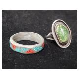 P!ir of rings - one sterling silver w/ green