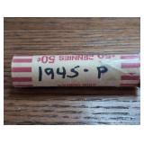 Roll of 1945 Lincoln Wheat Cent coins. In case