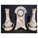 3 pcs pottery mantel clock and vases marked
