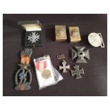 Group of USA and German pins, medals, etc.