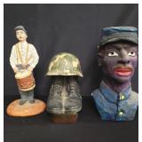 Box of ceramic figurines and vintage Jim beam