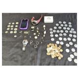Group of vintage items with collectors coins,
