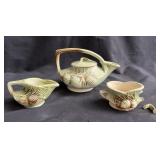 Vintage McCoy green pinecone teapot and cups