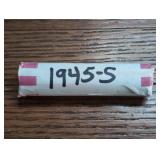 Roll of 1945-S Lincoln Wheat Cent coins. In case