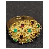 14k gold ring with colored glass stones