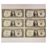 6 blue seal US silver certificates including 2
