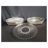 Box of silver plated serving dishes and glass tray