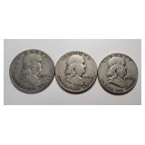 3 Franklin silver half dollar coins 1949, 1951,