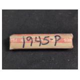 Roll of 1945 Lincoln Wheat Cent coins. In case