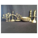 Box of candelabra, candle holders, and bowl