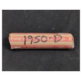 Roll of 1950-D Lincoln Wheat Cent coins. In case