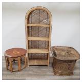 Wicker rattan bookshelf, end tables as a group